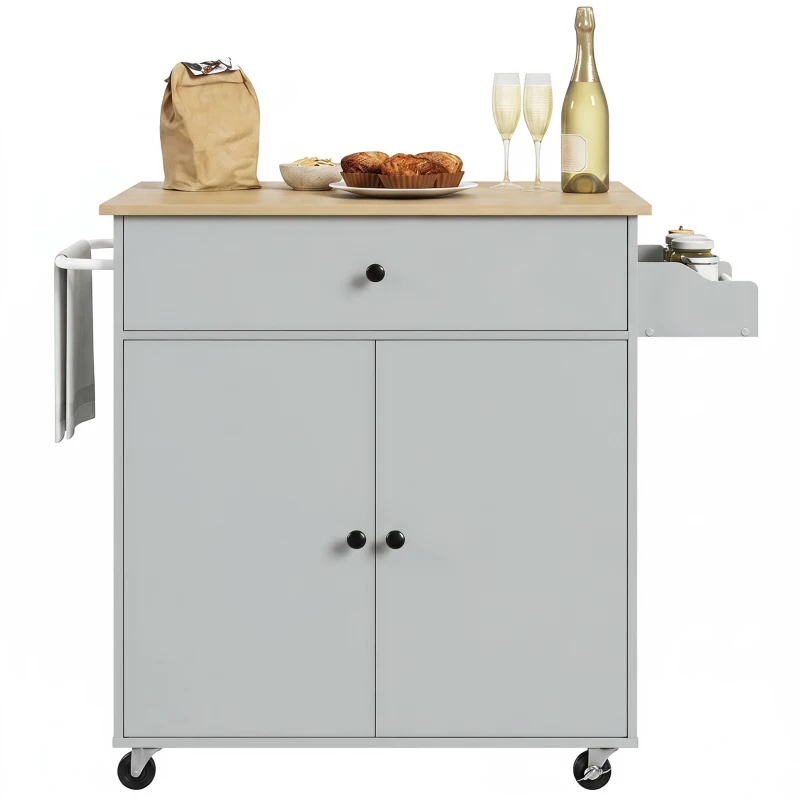 HOMCOM Kitchen Island with Drop Leaf, Rolling Kitchen Storage Trolley on Wheels with Drawer, Spice Rack and Towel Rack, Grey