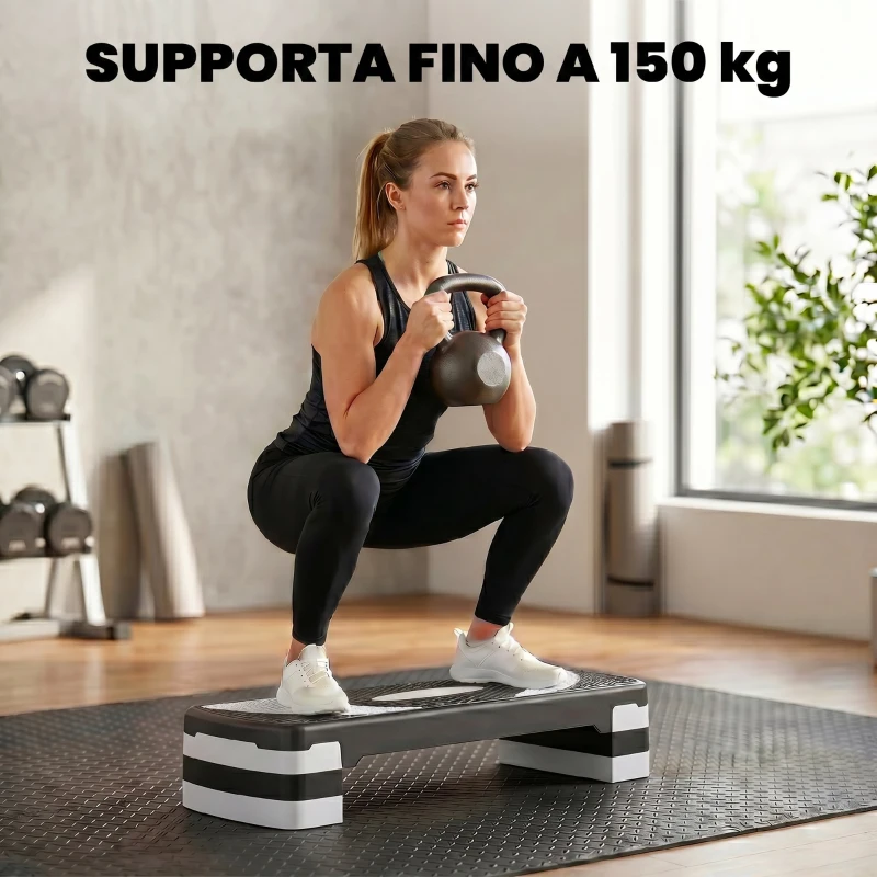 HOMCOM Stepper da Aerobica Regolabile in Altezza 10-15-20 cm Antiscivolo, Nero e Grigio