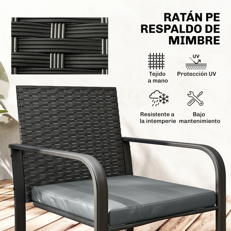 Outsunny Conjunto de Muebles de Jardín de Ratán Sintético con 2 Sillas con Cojines y Mesa con Tablero de Vidrio Gris