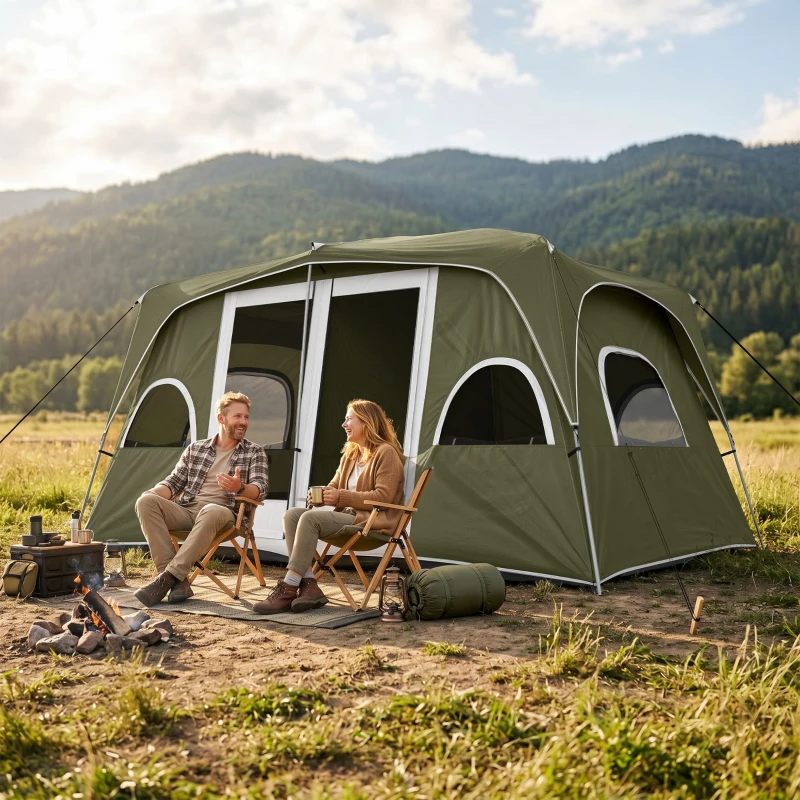 Outsunny Camping Tent, Family Tent 4-8 Person 2 Room, with Large Mesh Windows, Easy Set Up for Backpacking Hiking Outdoor, Green
