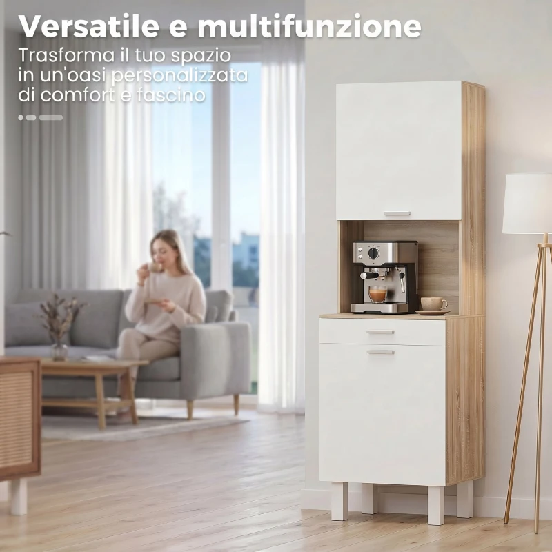 HOMCOM Credenza Cucina con Ripiani Aperti, 2 Armadietti e Cassetto, in Legno e Metallo, 55x40x175 cm, Bianco e Legno
