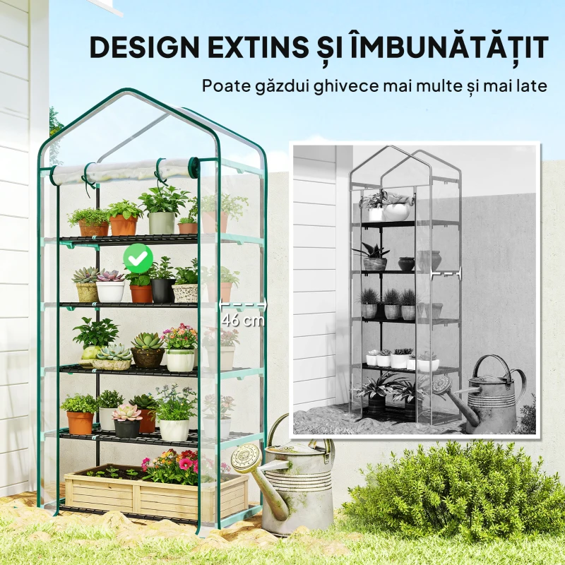 Outsunny Seră tip căsuță cu 5 niveluri, cu ușă rulabilă, din oțel și polietilenă, 90x49x193 cm, transparentă
