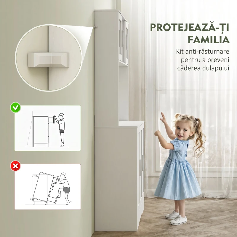 HOMCOM Servantă de Bucătărie înaltă de 180 cm, Dulap Dispensa cu 4 Dulapuri, Uși din Sticlă Securizată, 2 Rafturi Deschise, Rafturi Reglabile, Blat pentru Cuptorul cu Microunde, pentru Sala de Prânz sau Living, Alb