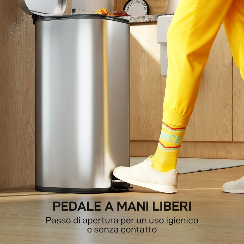 HOMCOM Bidone Immondizia a Pedale da 30L con Secchio Rimovibile, in Metallo e PP, 29x36x59.5 cm, Argento