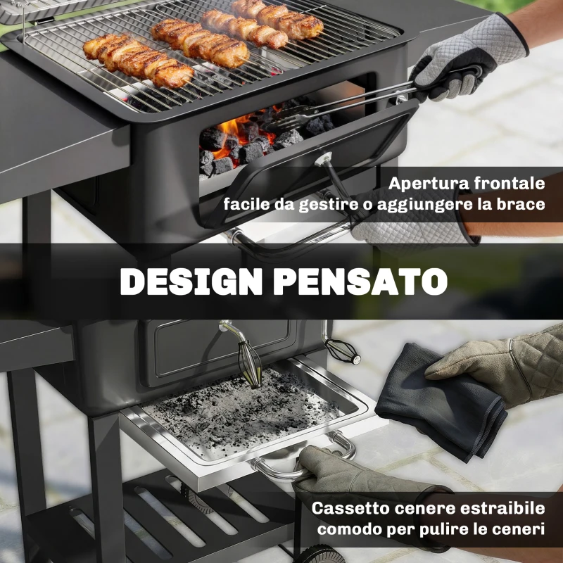 Outsunny Barbecue a Carbone, Griglia Smoker con Ruote per Uso Esterno, Nero