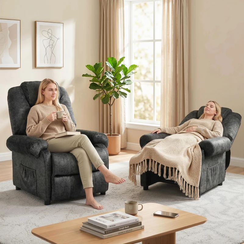 HOMCOM Sillón Relax Reclinable Manual Sillón Relax de Terciopelo con Reposabrazos Reposapiés Acolchado Grueso Negro
