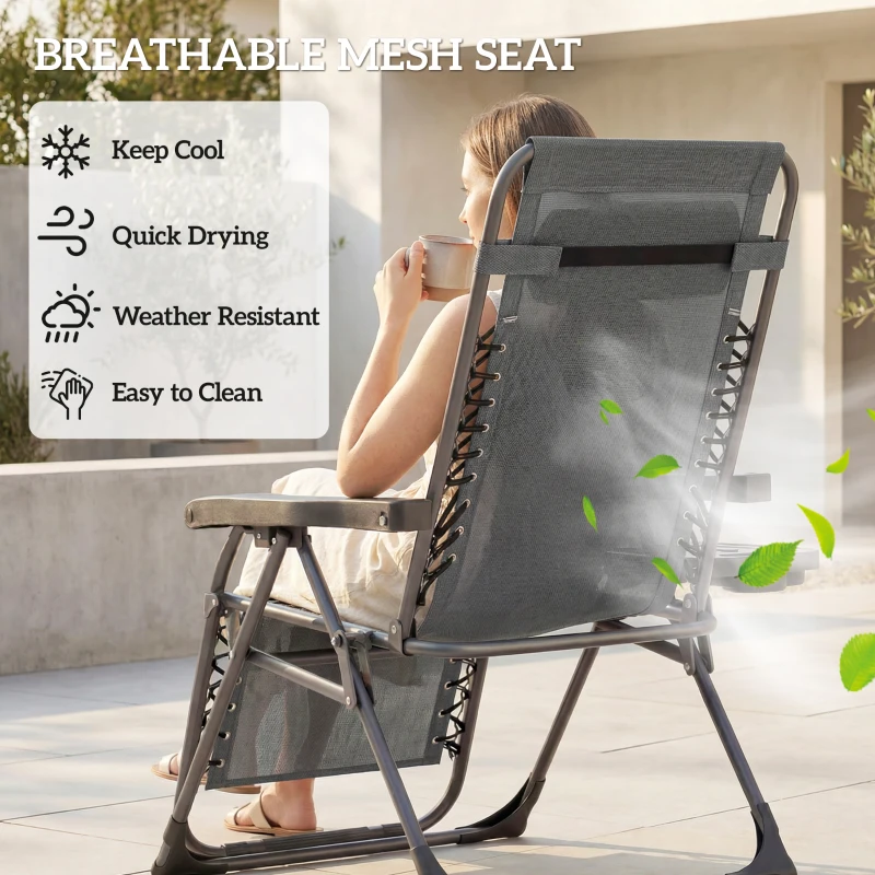 Outsunny Zero Gravity Chairs Set of 2, Folding Sunloungers Reclining Garden Chairs with Cup Holder, Headrest, Dark Grey
