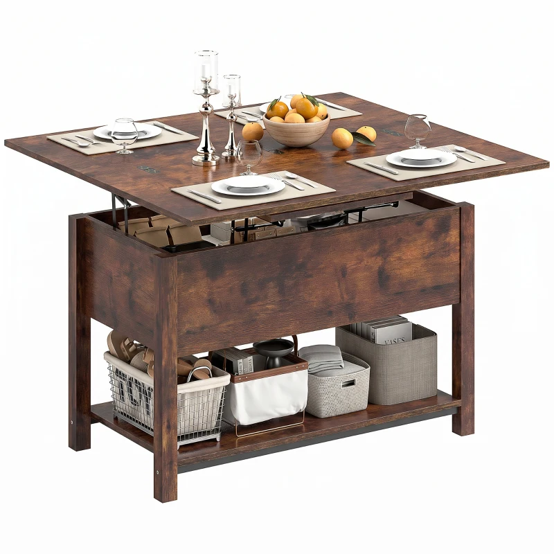 HOMCOM Mesa de Centro Elevatória e Extensível Mesa de Sala com Compartimento Oculto Prateleira Aberta 100x45x50,5 cm Castanho Rústico