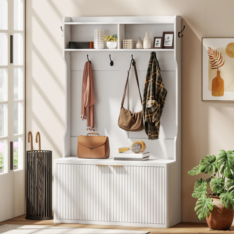 HOMCOM Perchero Zapatero 4 en 1 Perchero Moderno con Estante Abierto para Pasillo Entrada Dormitorio 100x38x172 cm Blanco