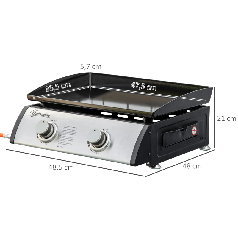 Outsunny Plancha de Gas Sobremesa con 2 Quemadores de Acero Inoxidable 6 kW con Plancha para Jardín Camping 48,5x48x21 cm Plata