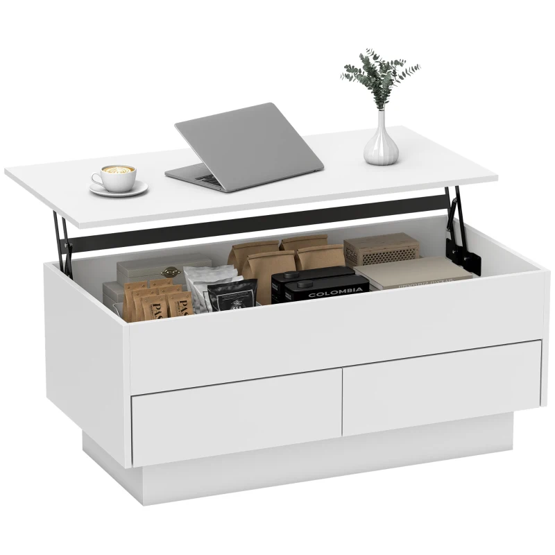 HOMCOM Mesa de centro elevável, mesa de sala com compartimento oculto e 2 gavetas, 100 x 50 x 44 cm, branco