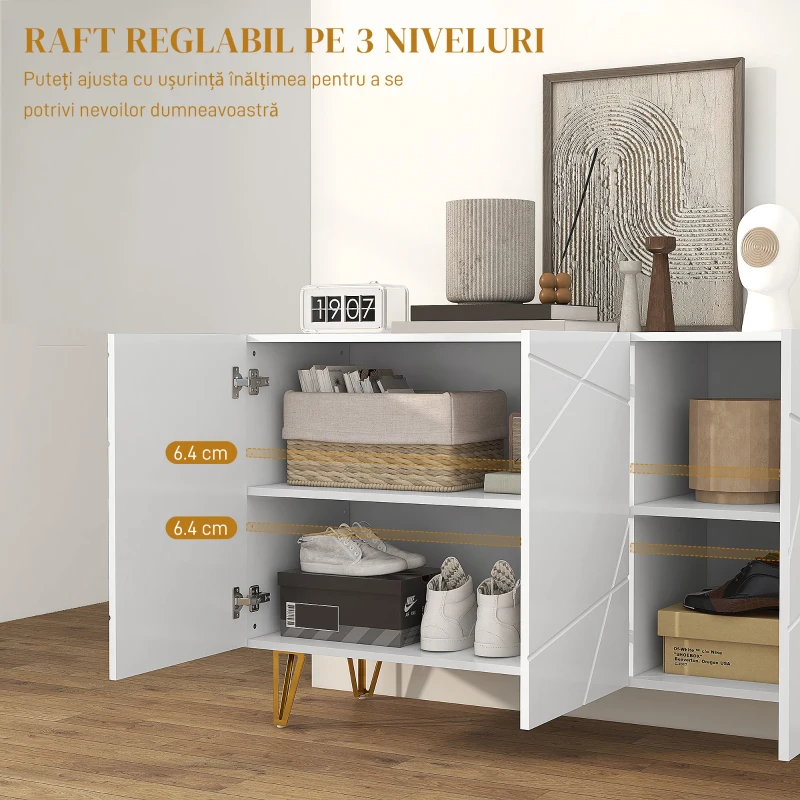 HOMCOM Dulap de Depozitare cu 2 Dulapuri și Raft Reglabil, din PAL și Metal, 120 x 40 x75 cm, Alb și Auriu