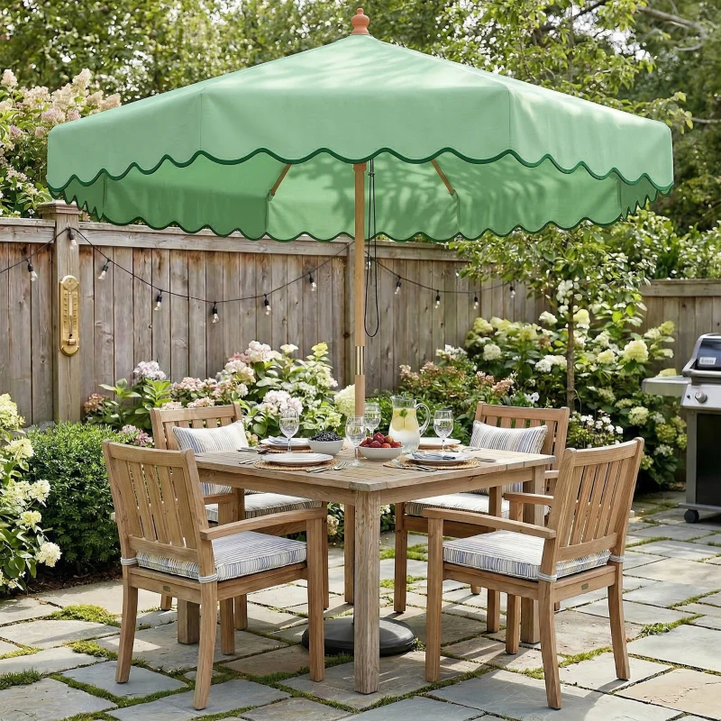 Outsunny Parasol de Jardin Rond avec Volants Rétro Chic Aspect Bois Protection Solaire UV 230cm Vert Clair