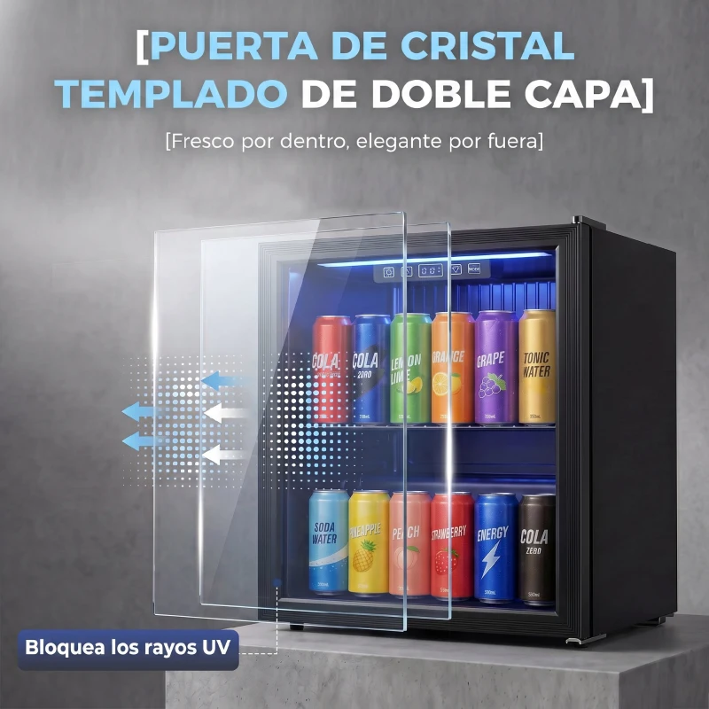 HOMCOM Frigorífico de Bebidas 50 L con Puerta de Vidrio Doble Iluminación LED Estante Ajustable para 48 Latas