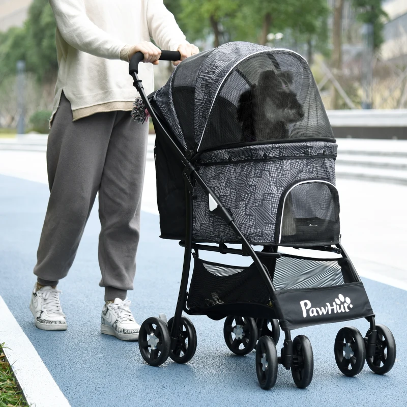 PawHut Foldable Pet Stroller for Dogs, Puppy Stroller, with Large Carriage, Brakes, Canopy - Grey