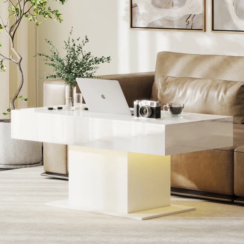 HOMCOM Extendable Coffee Table with LED Lights and Storage - High Gloss White