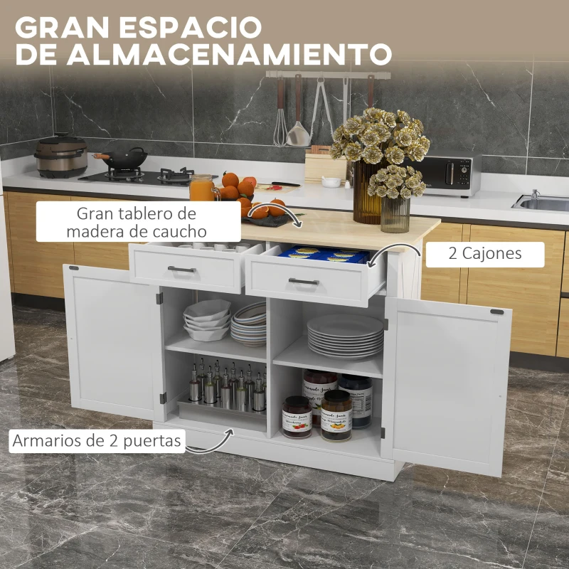 HOMCOM Isla de Cocina Carro de Cocina con Encimera de Madera Plegable 2 Puertas 2 Cajones Estante Ajustable y 4 Ruedas 105x60x90,5 cm Blanco