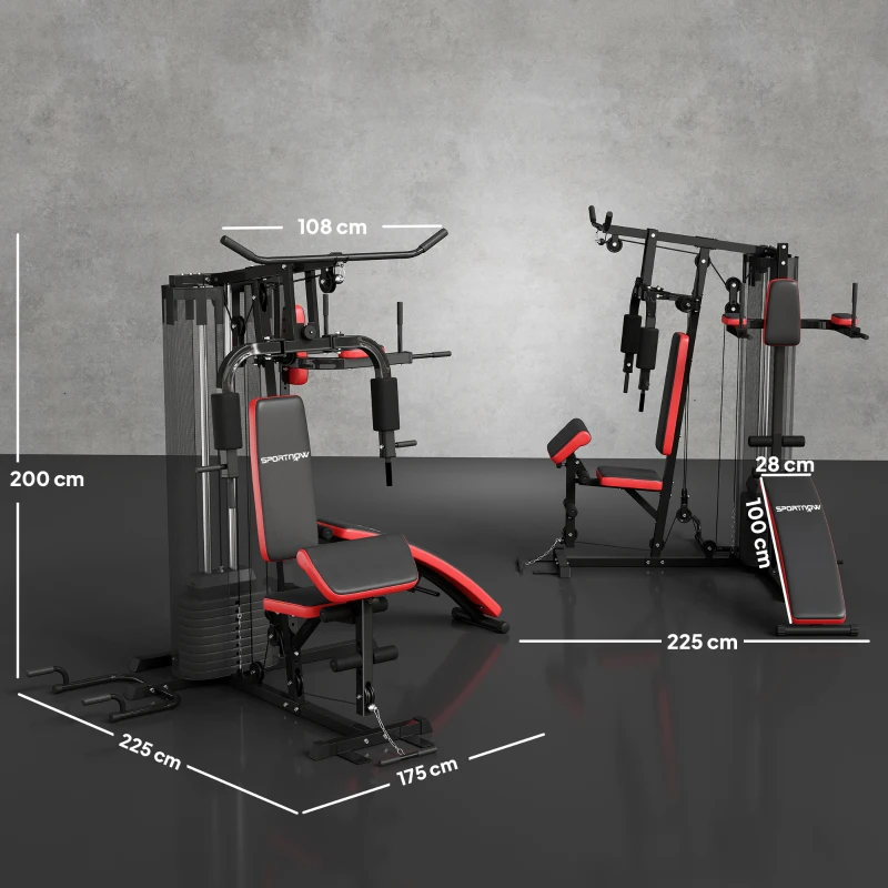 SPORTNOW Station Multi Gym avec Poids de 65 kg, Équipement de Musculation avec Banc pour Abdominaux, Noir et Rouge