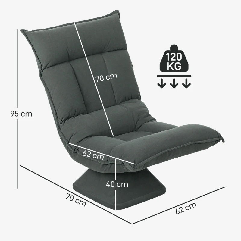 HOMCOM Chaise de sol pivotante à 360°, fauteuil pliable en velours avec dossier réglable 5 positions, 70x62x95cm, gris foncé