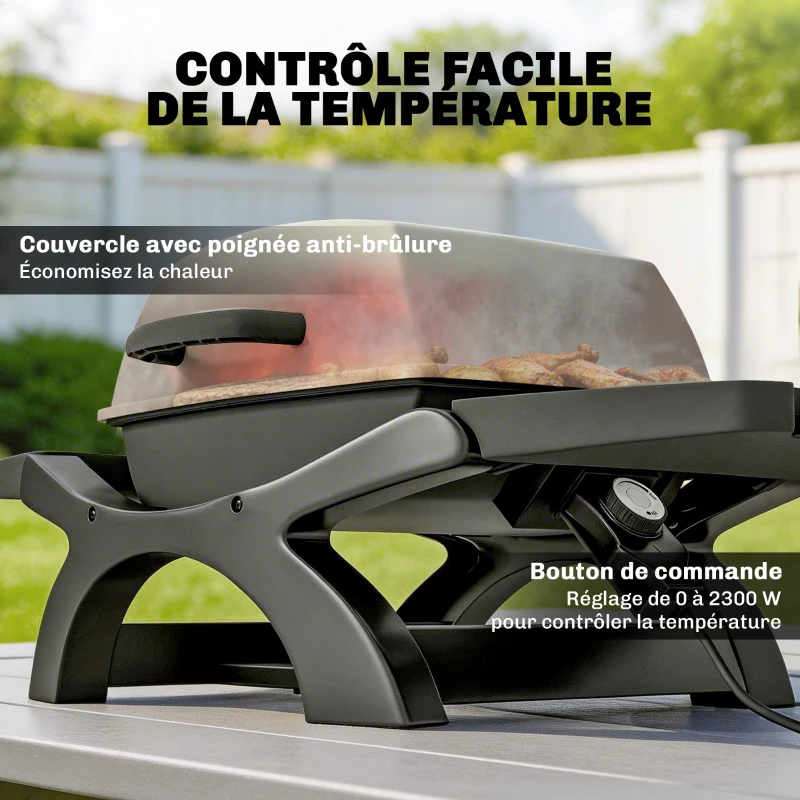 Outsunny Barbecue électrique extérieur 2300W, barbecue de table portable avec grilles émaillées, étagères latérales, noir