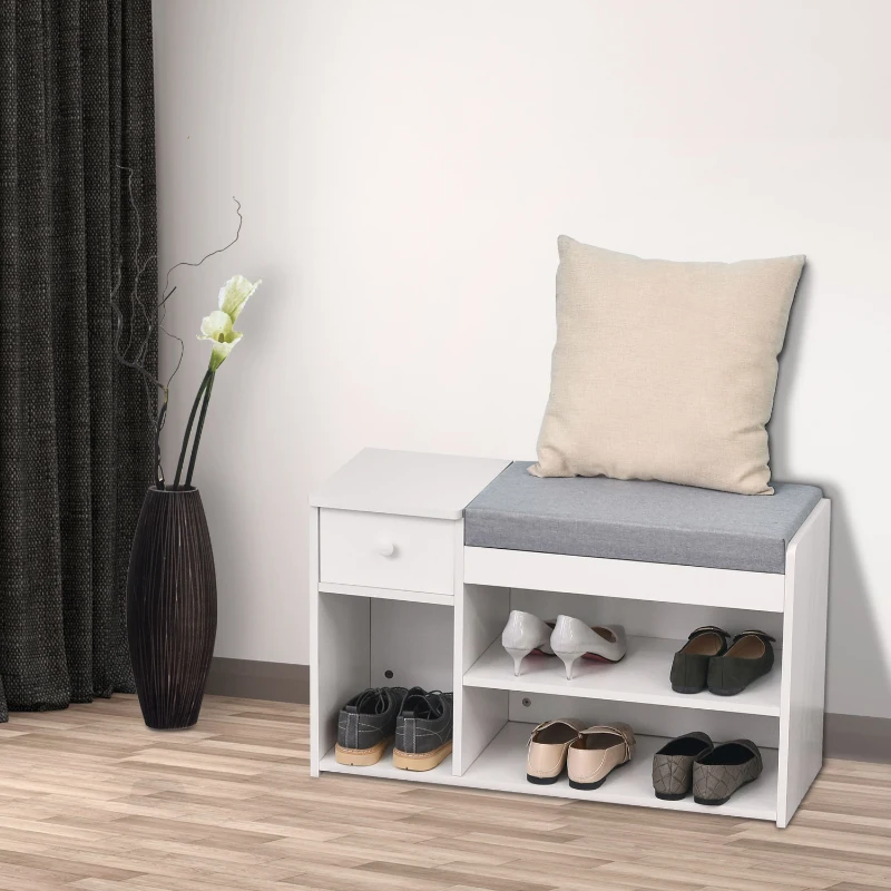 HOMCOM Banc de rangement Banc à Chaussures 2 Niveaux Rangement, Niche, tiroir, Coffre intégré avec Coussin Gris Blanc