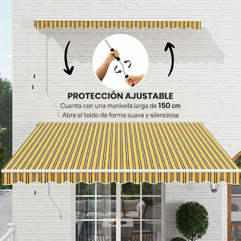 Outsunny Toldo para Balcón 350x250 cm con Manivela de Metal Impermeable y Anti-UV para Jardín Terraza Ventanas Gris y Amarillo
