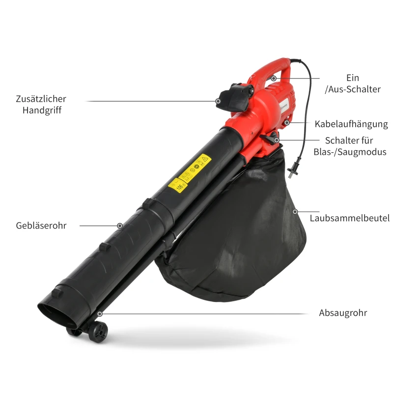 Outsunny 3-In-1 Elektro Laubsauger Laubbläser 3000 W Elektro-Vakuumgebläse Elektro-Laubbläser Gartenblattgebläse mit 45-Liter Fangsack Kunststoff Rot+Schwarz 118 x 17 x 34 cm