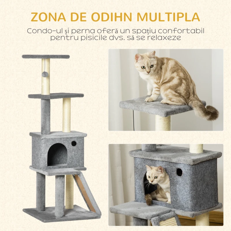 PawHut Albero Tiragraffi Multilivello con Casetta, Scala, Pallina e Pali in Sisal, 48x48x125 cm, Grigio