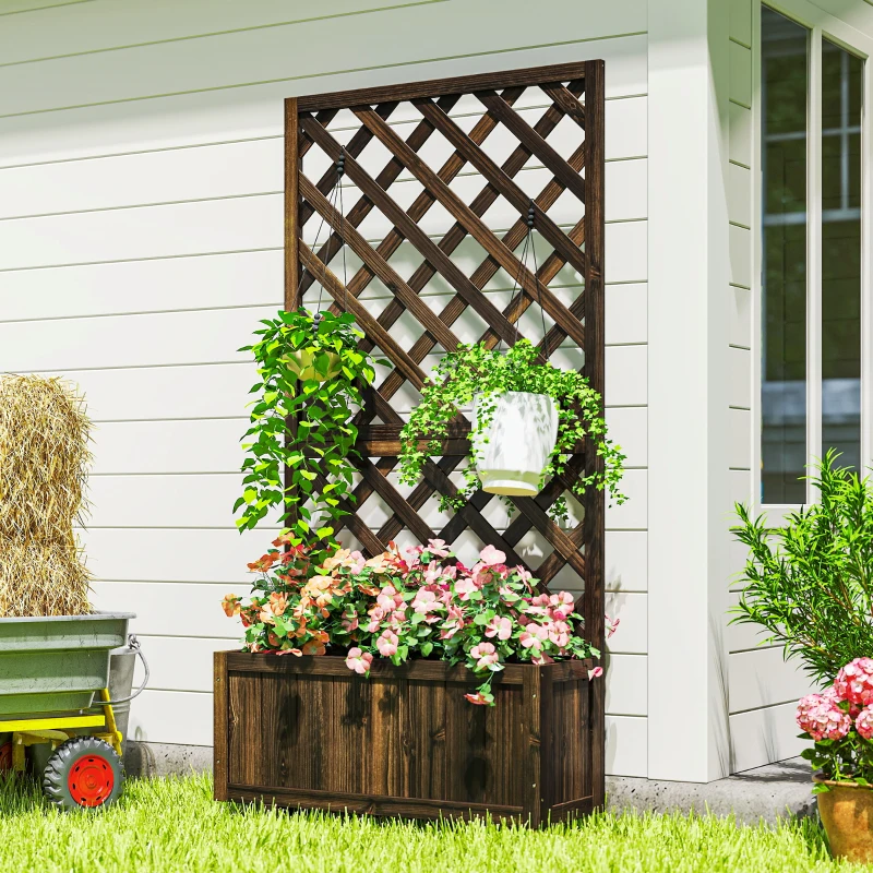 Outsunny Jardinera con Enrejado de Madera Macetero de Jardín con Soporte para Trepadora 72,5x31,5x149,5 cm Carbonizado