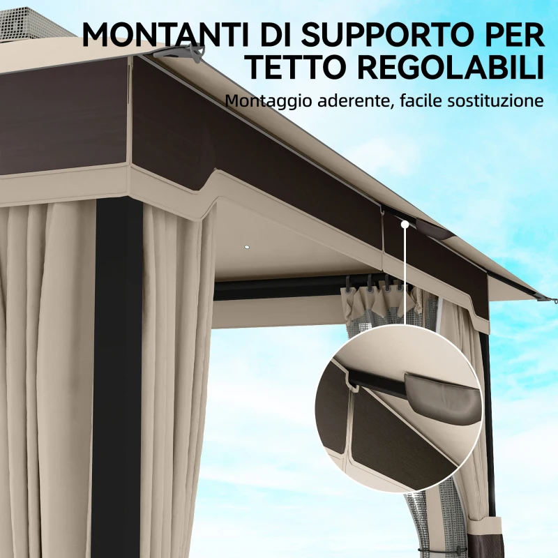 Outsunny Gazebo da Giardino 3x3.6 m con Doppio Tetto, Tende e Zanzariera, in Metallo e Poliestere Cachi