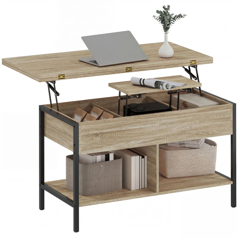 HOMCOM Mesa de centro elevável e extensível, mesa de sala com compartimento oculto prateleiras abertas, 98x49x55cm, madeira natural