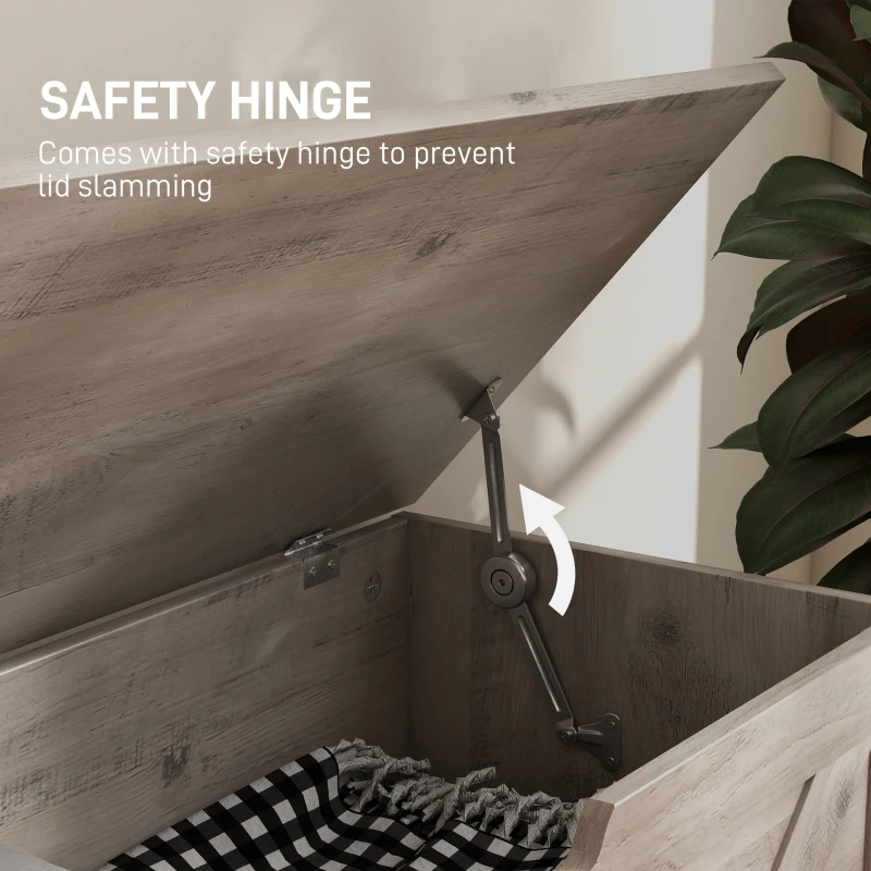 HOMCOM 100L Home Storage Box, with Safety Hinge - Grey Wood-Effect