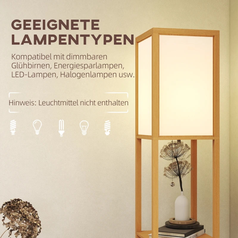 HOMCOM Stehlampe mit 3 Regalen, Stehleuchte mit E27 Fassung, 26 x 26 x 160 cm, für Wohn-/Schlafzimmer (Ohne Glühbirne)