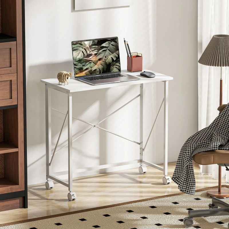 HOMCOM Schreibtisch mit Rollen Faltbarer Bürotisch mit Stahlgestell für Arbeitszimmer Schlafzimmer 80 x 40 x 75 cm Weiß