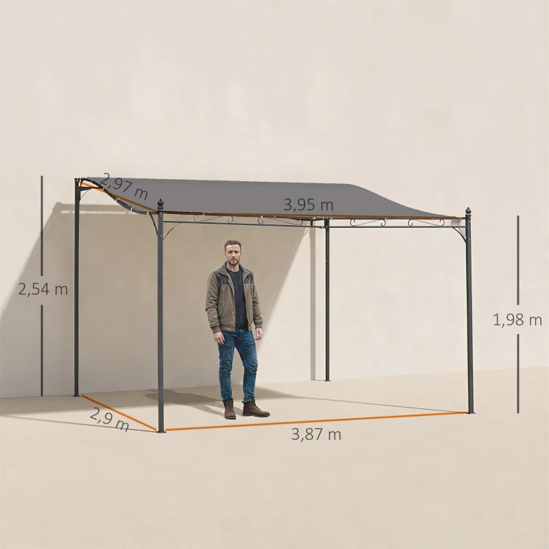 Outsunny  Cenador de Jardín 4x3 m Pérgola Montado en Pared con Toldo y 16 Orificios de Drenaje Marco de Metal y Poliéster 180 g/m² para Patio Terraza Gris