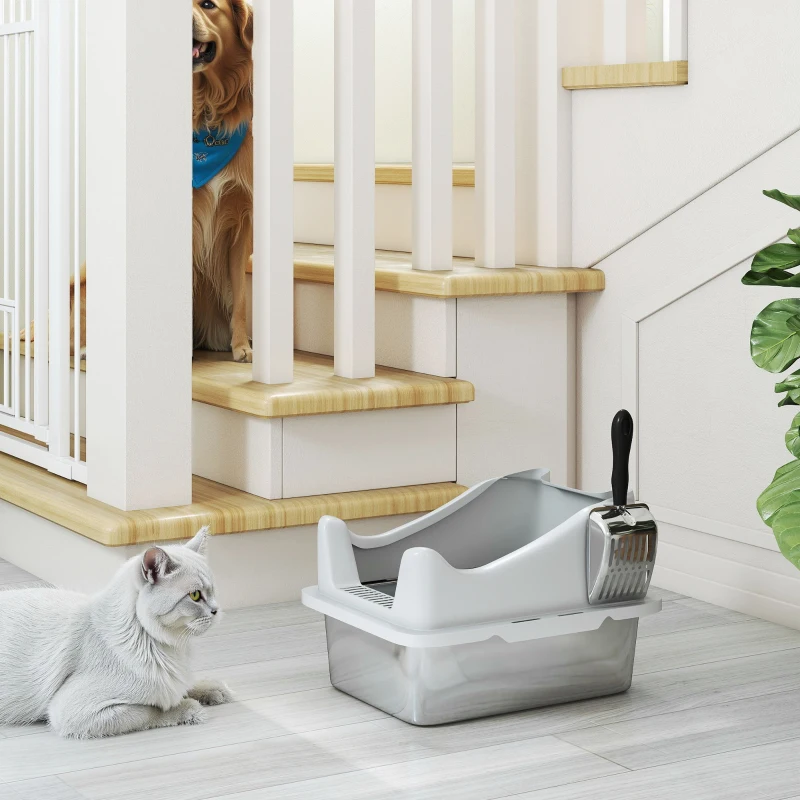 PawHut Bac à litière en acier inoxydable, maison de toilette pour chat, bords hauts, nettoyage facile, 43,1x33,2x25,4cm, gris
