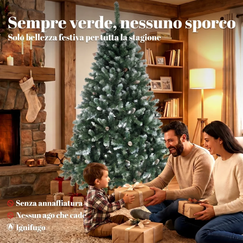 HOMCOM Albero di Natale Innevato Alto 180 cm con 910 Rami e Pigne, Base in Metallo Pieghevole, Verde