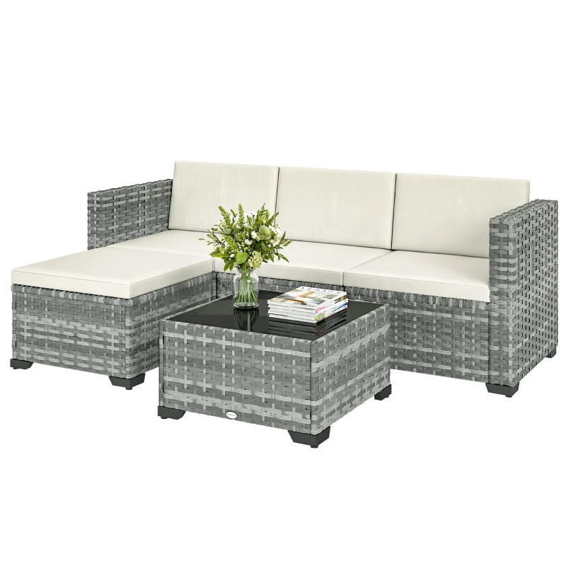 Outsunny Polyrattan Gartenmöbel Set 5-teilig, Lounge Set mit Ecksofa Hocker Tisch Sitz- & Rückenkissen Grau+Cremeweiß