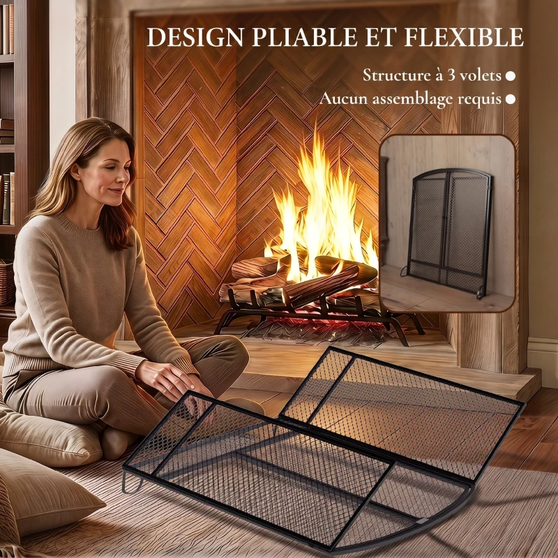 HOMCOM Pare-feu de Cheminée Pliable 3 Panneaux, 2 Portes, Style Moderne, Pare-Étincelles Cheminée en Métal, 122x10x75cm, Noir