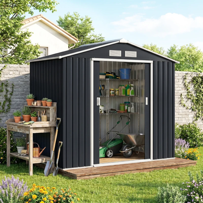 Outsunny Abri de Jardin 2,77 m² - Remise pour Outils avec Fondation - cabanon Porte verrouillable - tôle d'acier Gris