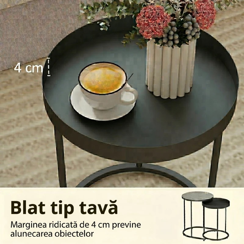 Set 2 Măsuțe de Cafea HOMCOM Stivuibile în Stil Industrial, din Lemn și Metal, Ø42x54 cm și Ø36.5x48.5 cm, Gri și Negru