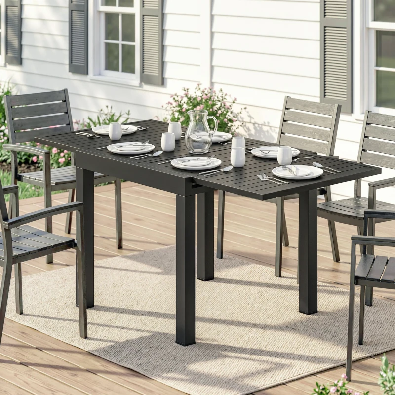 Outsunny Masă de Grădină Extensibilă cu Șipci pentru 4-6 Persoane, din Aluminiu, 80-160x80x75 cm, Neagră