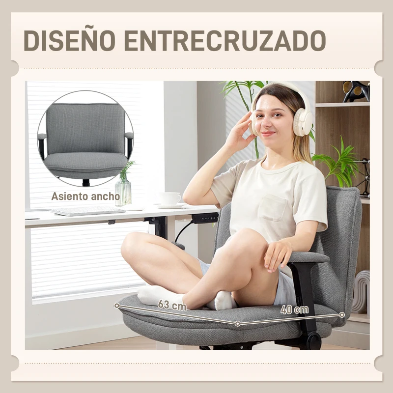 HOMCOM Silla de Oficina Piernas Cruzadas con Reposabrazos Abatible Asiento Ancho sin Ruedas Altura Ajustable Giratoria Gris