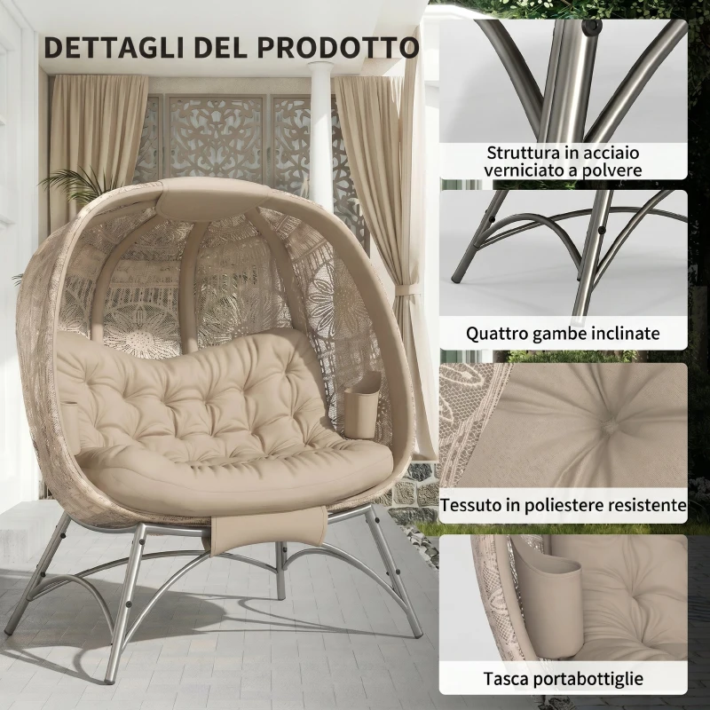 Outsunny Lettino da Giardino 2 Posti con Copertura Decorata e Cuscino Spesso, 126x75x142 cm Marrone