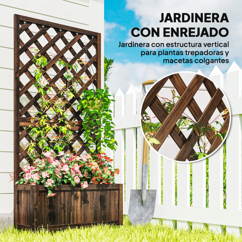 Outsunny Jardinera con Enrejado de Madera Macetero de Jardín con Soporte para Trepadora 72,5x31,5x149,5 cm Carbonizado