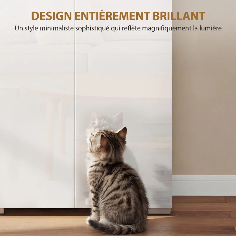 HOMCOM Buffet haut cuisine, armoire de cuisine, 4 portes à fermeture douce et étagères réglables, 68x34x180cm, blanc brillant