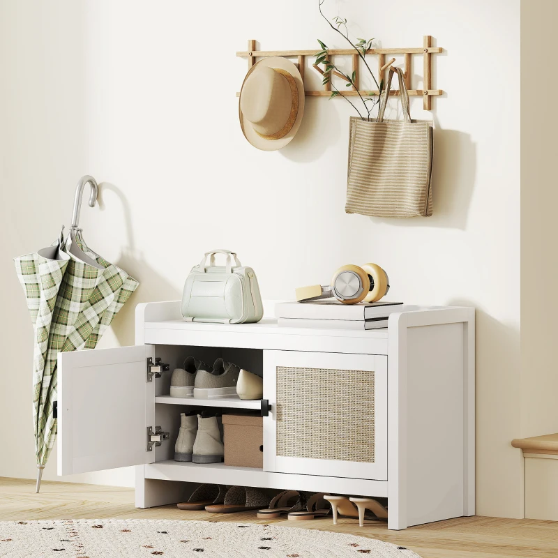 HOMCOM Banco Zapatero con Puertas Frentes de Ratán Balda Extraíble para Entrada o Dormitorio 80x35x52 cm Blanco y Beige