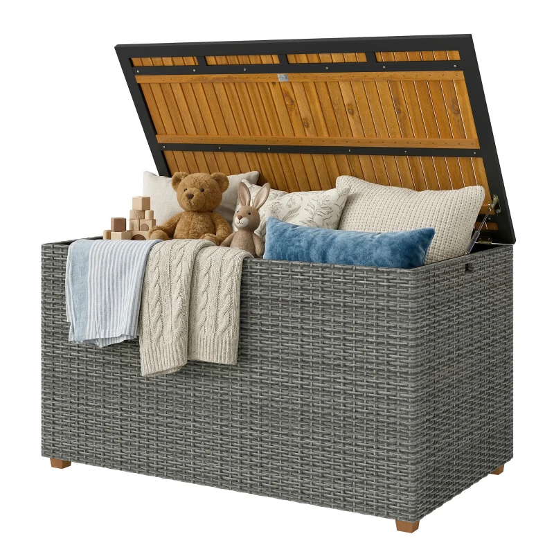 Outsunny Gartenbox 450 L Polyrattan wasserdicht Auflagenbox mit FSC-Holz-Deckel Gasdruckfedern Innenfutter