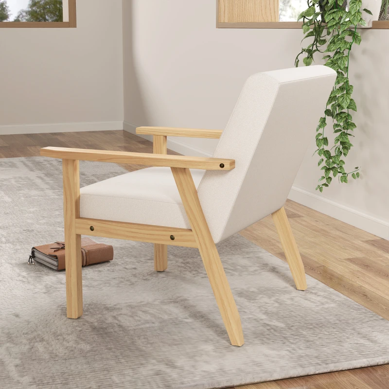 HOMCOM Poltrona d'Arredo in Stile Scandinavo in Legno di Pino con 2 Cuscini, 64x70x72 cm, Crema e color Legno