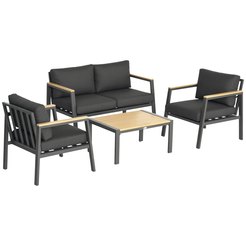 Outsunny 4 Piece Garden Sofa Set with Padded Cushions, 4-Seater Aluminium Outdoor Conversation Furniture Set with Coffee Table, Grey